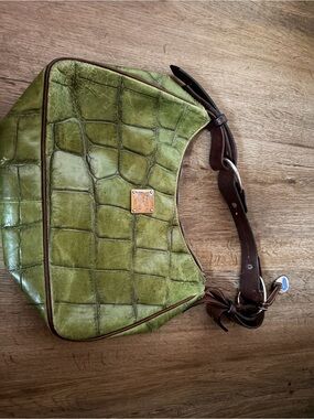 Authentic Dooney & Burke Green Croc-Leather Shoulder Bag with Brown Strap